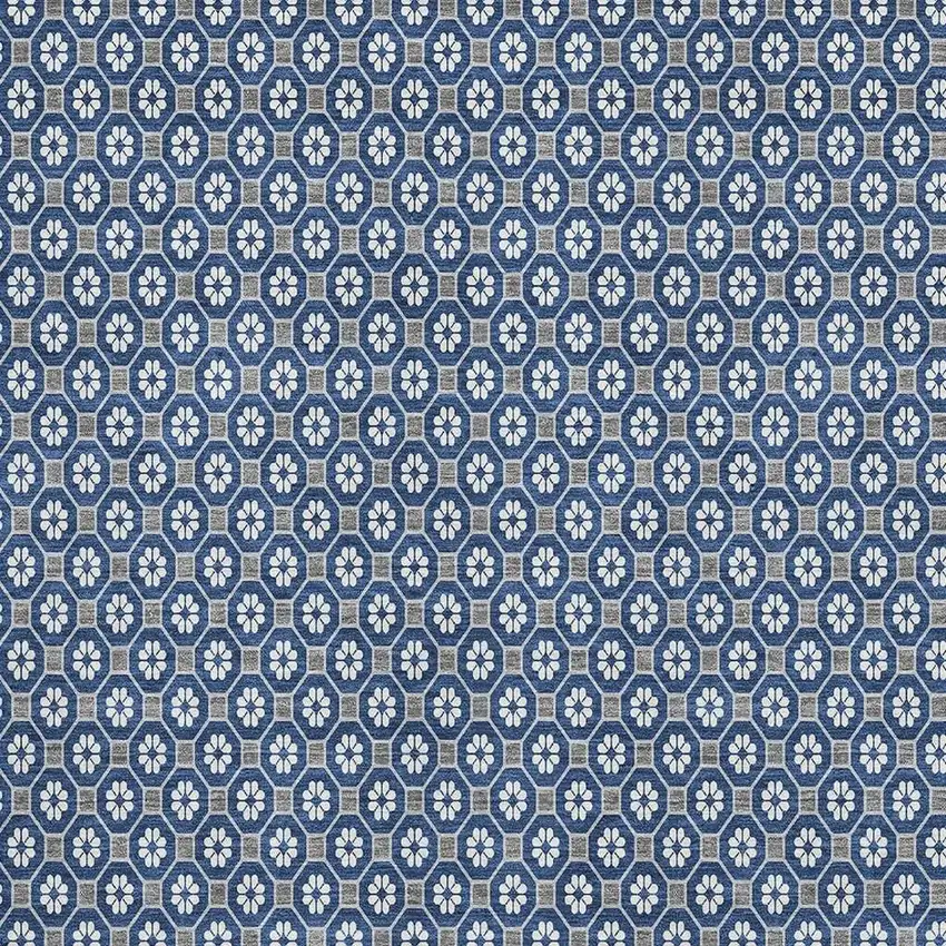 Navy Blue Gray And Silver Geometric Washable Area Rug With UV Protection Photo 4