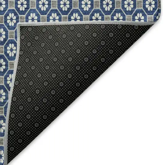 Navy Blue Gray And Silver Geometric Washable Area Rug With UV Protection Photo 3