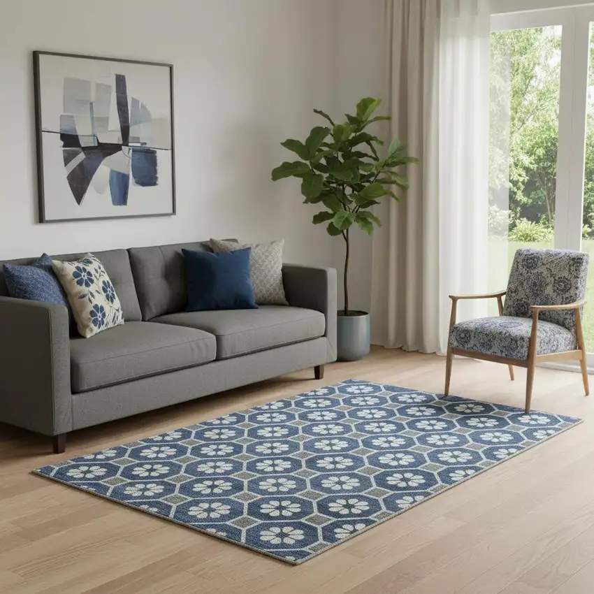 Navy Blue Gray And Silver Geometric Washable Area Rug With UV Protection Photo 2