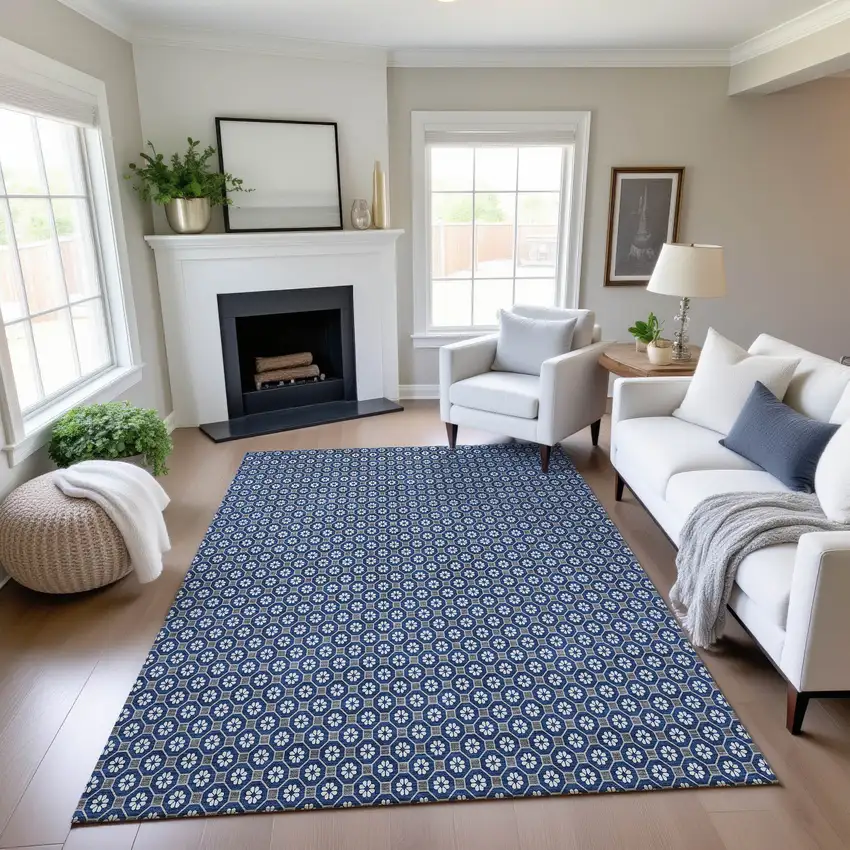 Navy Blue Gray And Silver Geometric Washable Area Rug With UV Protection Photo 4