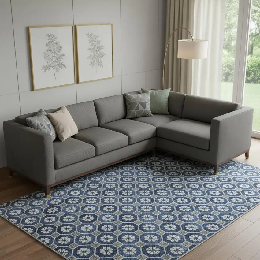 Navy Blue Gray And Silver Geometric Washable Area Rug With UV Protection Photo 2