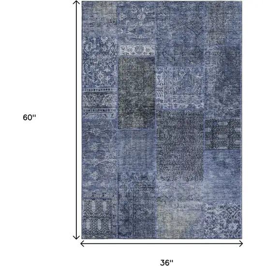 Navy Blue Gray And Silver Patchwork Washable Area Rug With UV Protection Photo 6