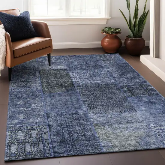 Navy Blue Gray And Silver Patchwork Washable Area Rug With UV Protection Photo 5