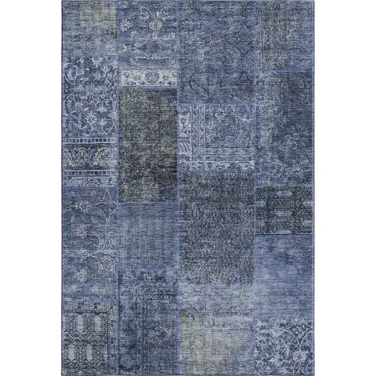 Navy Blue Gray And Silver Patchwork Washable Area Rug With UV Protection Photo 1