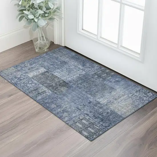 Navy Blue Gray And Silver Patchwork Washable Area Rug With UV Protection Photo 1