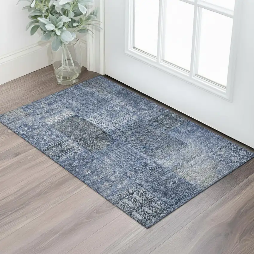 Navy Blue Gray And Silver Patchwork Washable Area Rug With UV Protection Photo 1