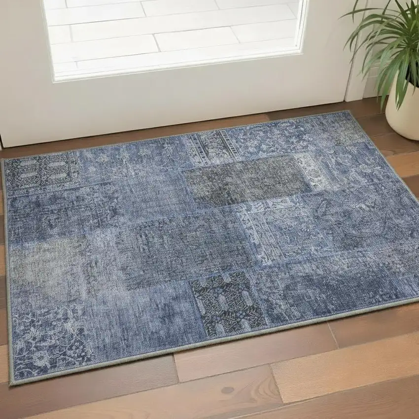 Navy Blue Gray And Silver Patchwork Washable Area Rug With UV Protection Photo 2