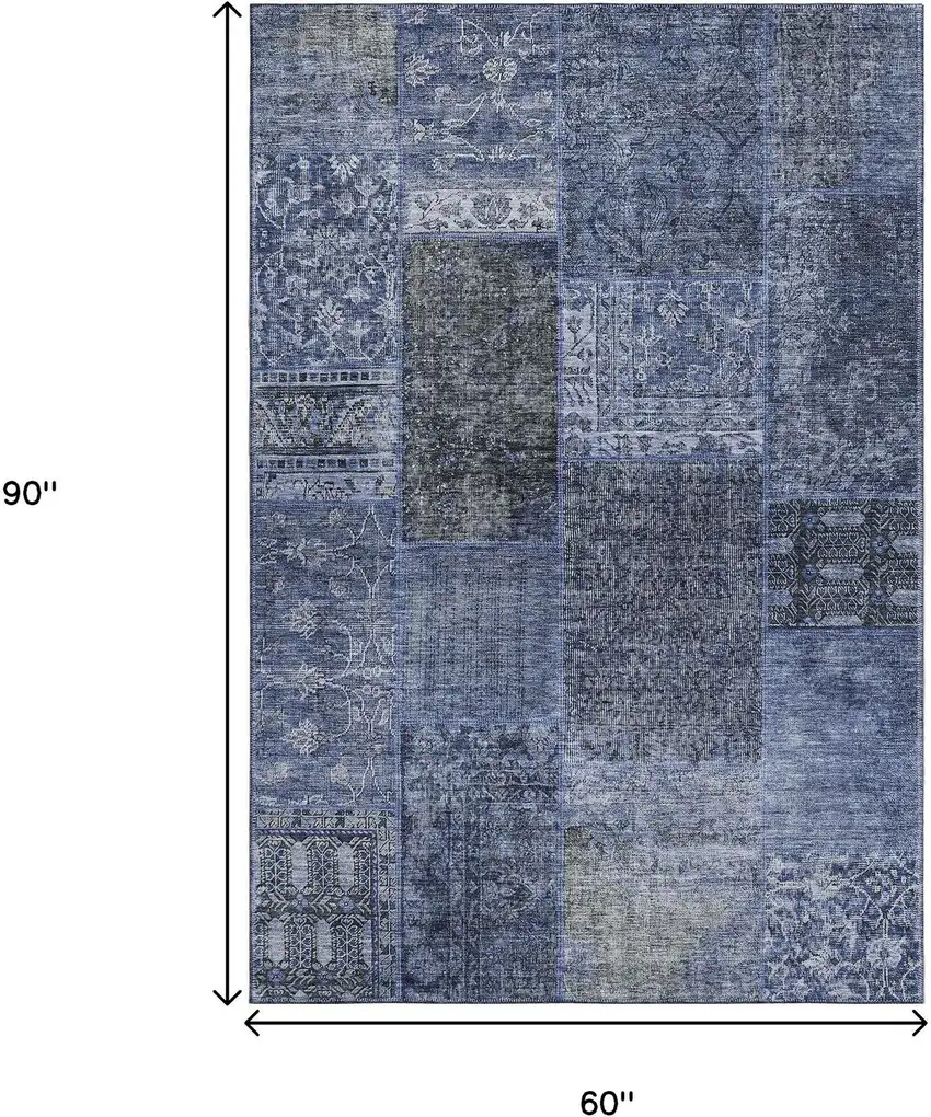 Navy Blue Gray And Silver Patchwork Washable Area Rug With UV Protection Photo 3