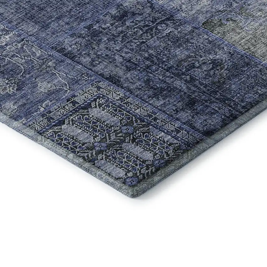 Navy Blue Gray And Silver Patchwork Washable Area Rug With UV Protection Photo 9