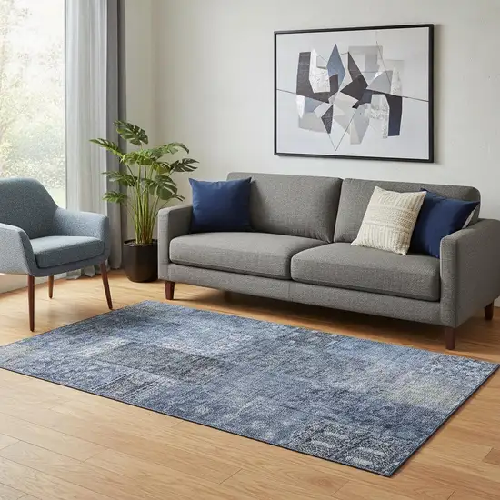 Navy Blue Gray And Silver Patchwork Washable Area Rug With UV Protection Photo 1