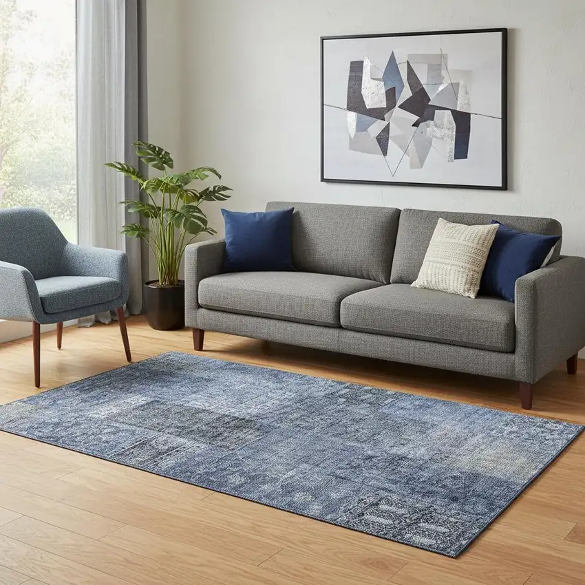 Navy Blue Gray And Silver Patchwork Washable Area Rug With UV Protection Photo 1