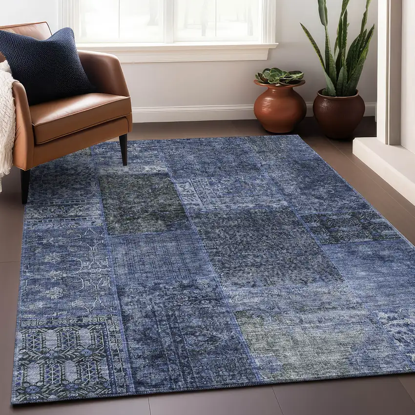 Navy Blue Gray And Silver Patchwork Washable Area Rug With UV Protection Photo 7