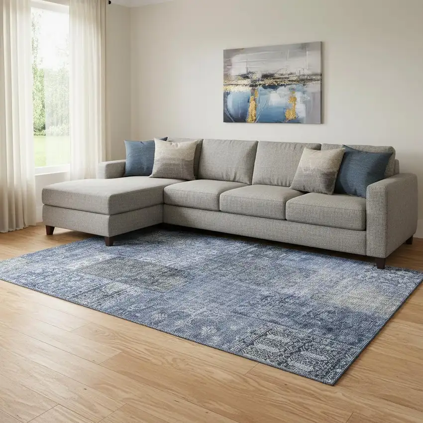 Navy Blue Gray And Silver Patchwork Washable Area Rug With UV Protection Photo 1