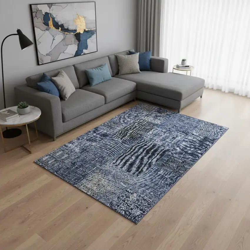 Navy Blue Gray And Silver Patchwork Washable Area Rug With UV Protection Photo 1