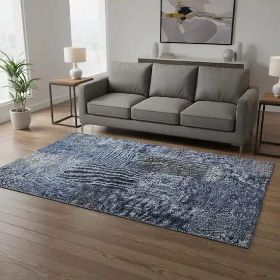Navy Blue Gray And Silver Patchwork Washable Area Rug With UV Protection Photo 1