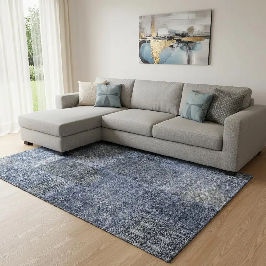 Navy Blue Gray And Silver Patchwork Washable Area Rug With UV Protection Photo 1