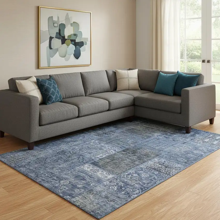 Navy Blue Gray And Silver Patchwork Washable Area Rug With UV Protection Photo 1