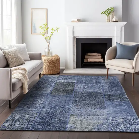 Navy Blue Gray And Silver Patchwork Washable Area Rug With UV Protection Photo 5