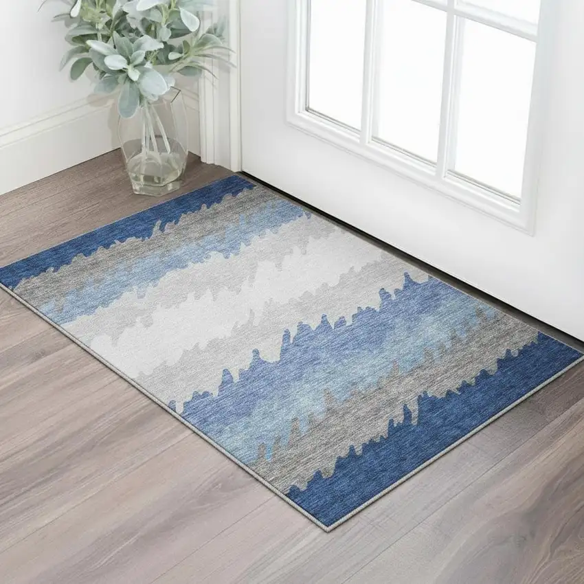 Navy Blue Gray And Silver Striped Washable Area Rug With UV Protection Photo 2