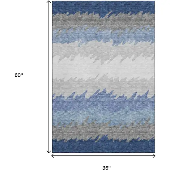 Navy Blue Gray And Silver Striped Washable Area Rug With UV Protection Photo 3
