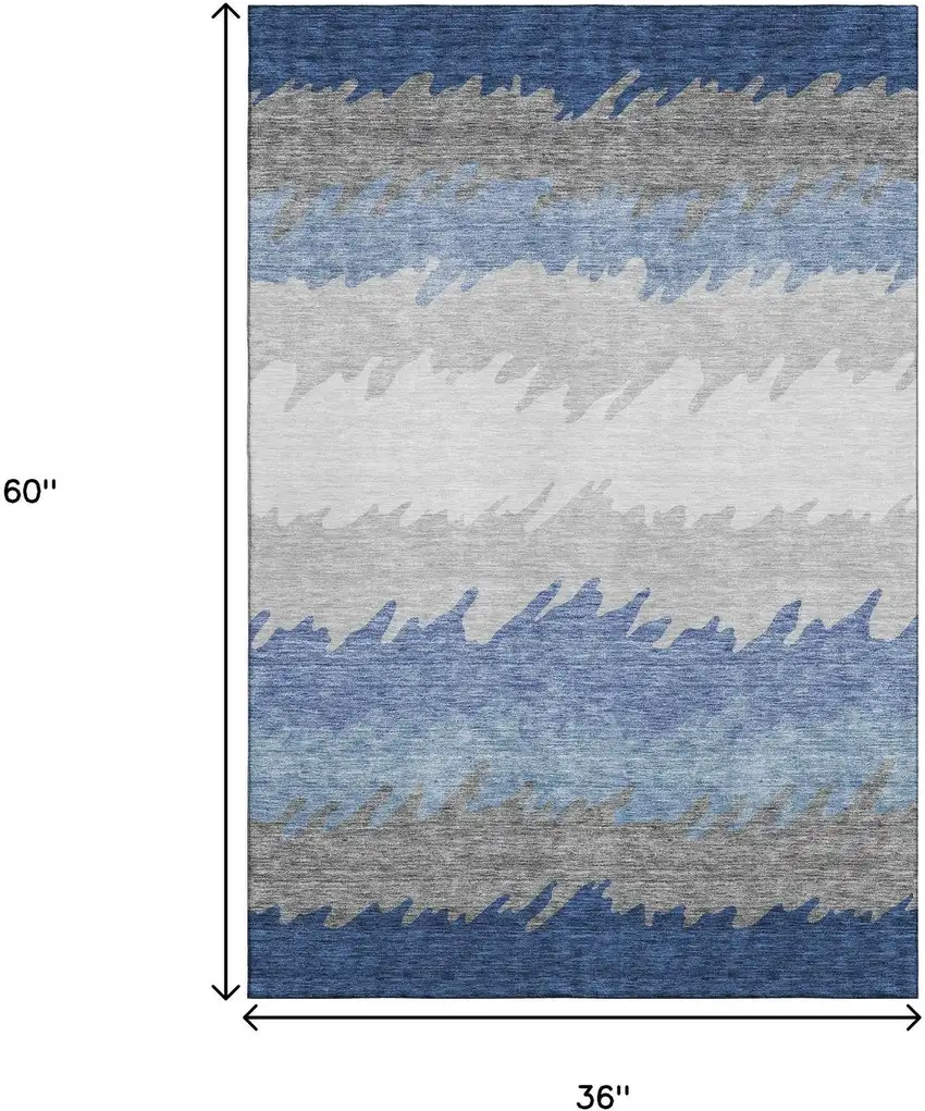 Navy Blue Gray And Silver Striped Washable Area Rug With UV Protection Photo 3