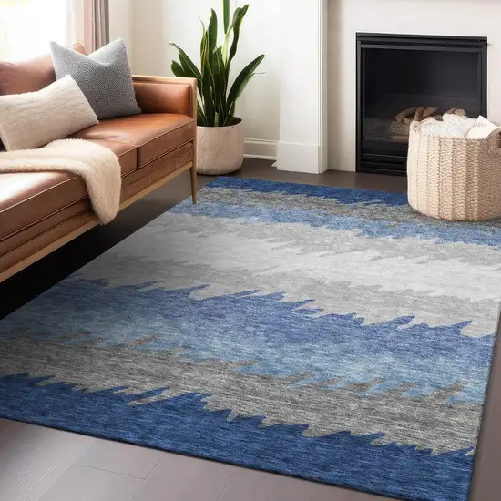 Navy Blue Gray And Silver Striped Washable Area Rug With UV Protection Photo 6