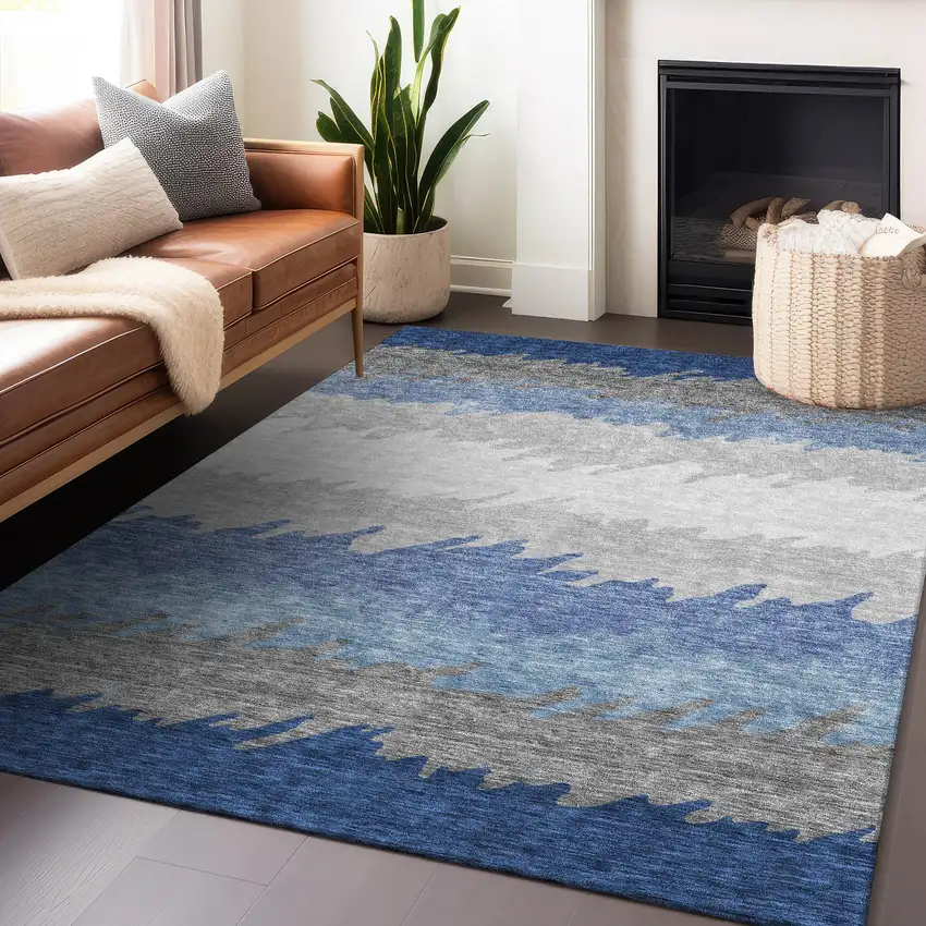 Navy Blue Gray And Silver Striped Washable Area Rug With UV Protection Photo 6