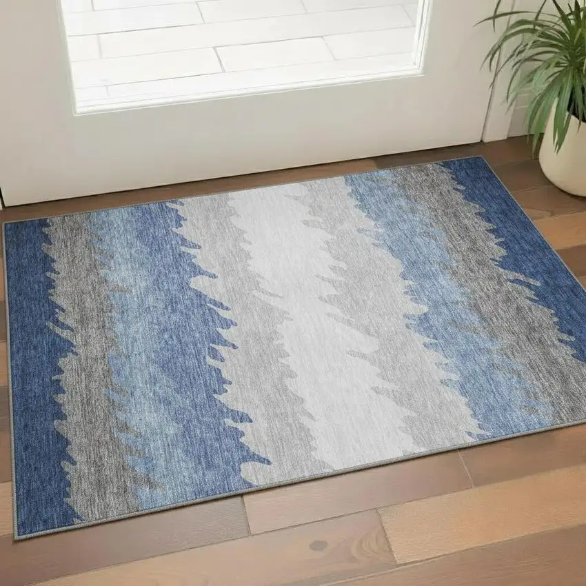 Navy Blue Gray And Silver Striped Washable Area Rug With UV Protection Photo 1