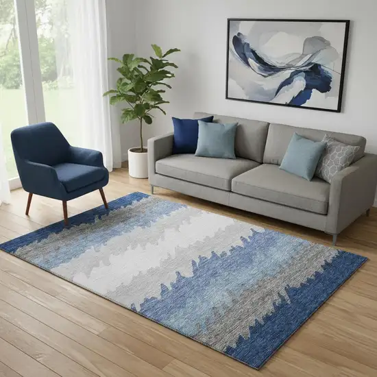 Navy Blue Gray And Silver Striped Washable Area Rug With UV Protection Photo 1