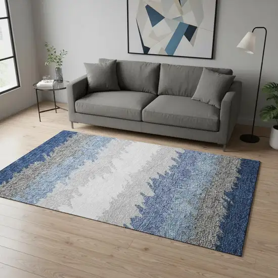 Navy Blue Gray And Silver Striped Washable Area Rug With UV Protection Photo 2