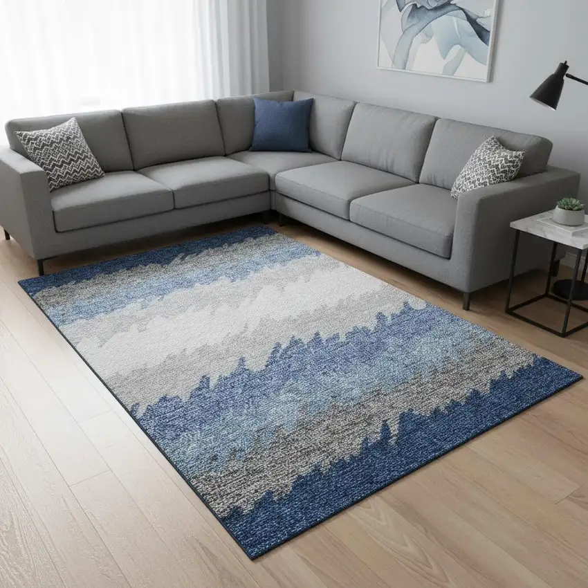 Navy Blue Gray And Silver Striped Washable Area Rug With UV Protection Photo 2