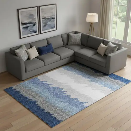 Navy Blue Gray And Silver Striped Washable Area Rug With UV Protection Photo 1