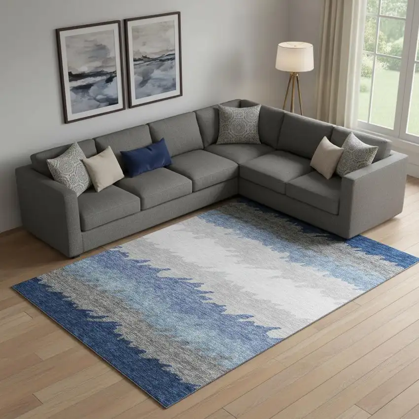 Navy Blue Gray And Silver Striped Washable Area Rug With UV Protection Photo 1