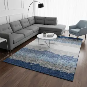 Photo of Navy Blue Gray And Silver Striped Washable Area Rug With UV Protection