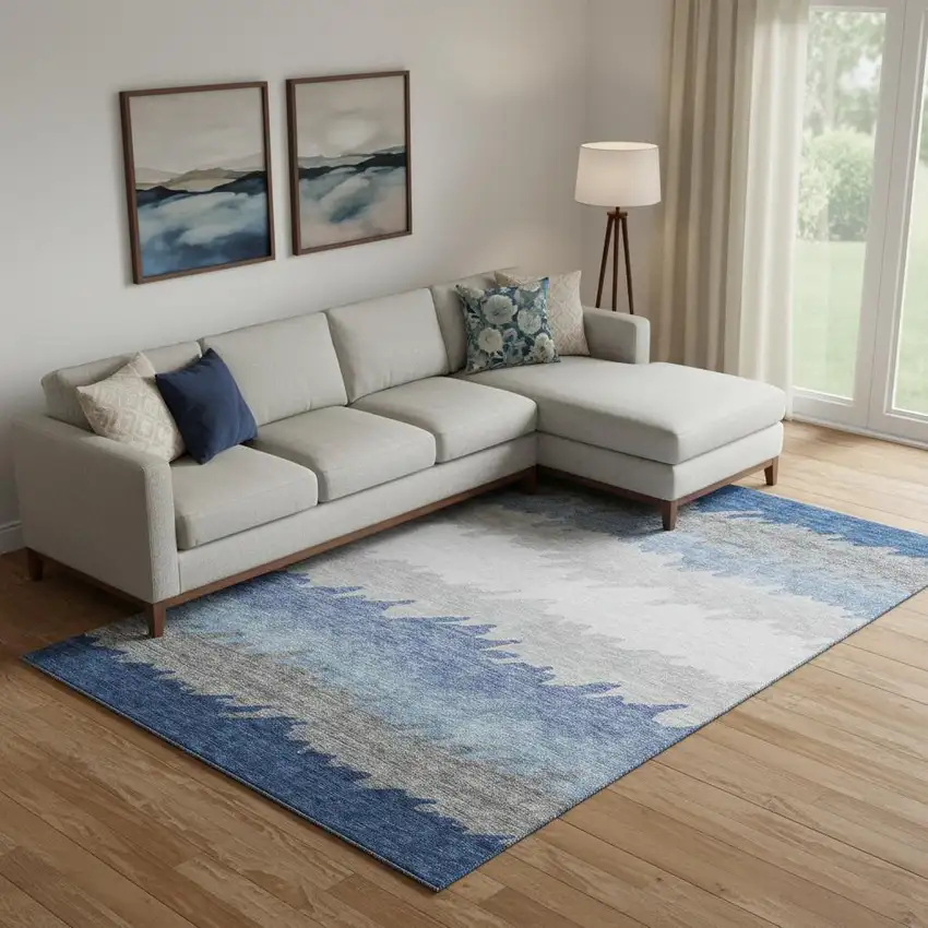 Navy Blue Gray And Silver Striped Washable Area Rug With UV Protection Photo 1