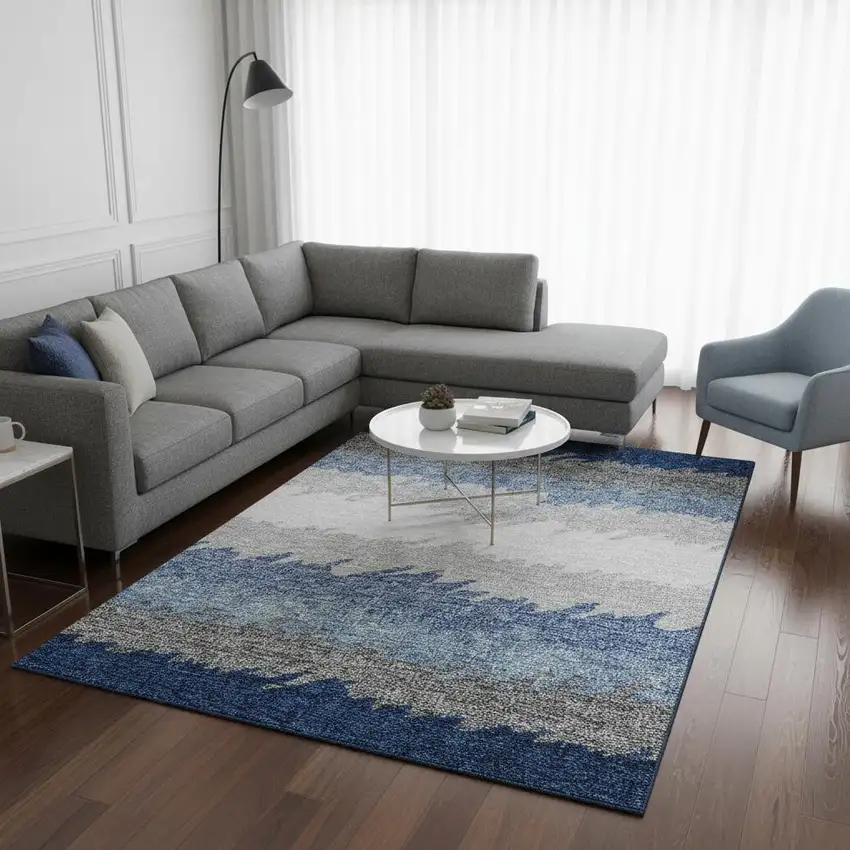 Navy Blue Gray And Silver Striped Washable Area Rug With UV Protection Photo 2