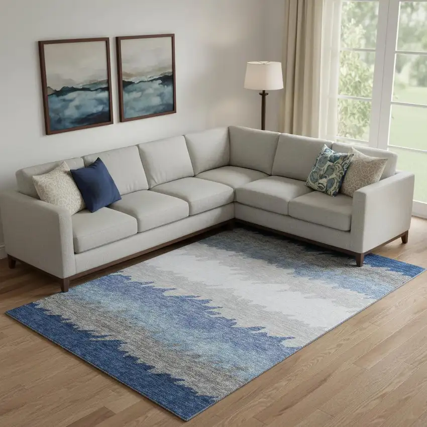 Navy Blue Gray And Silver Striped Washable Area Rug With UV Protection Photo 1