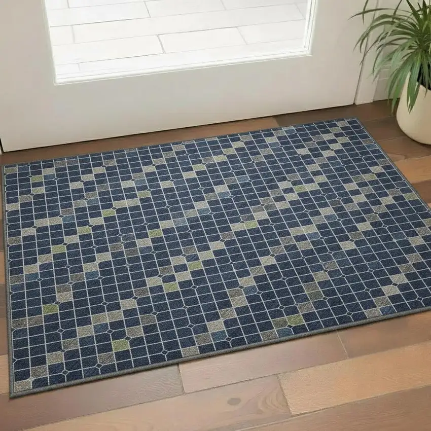 Navy Blue Gray And Silver Striped Washable Area Rug With UV Protection Photo 2