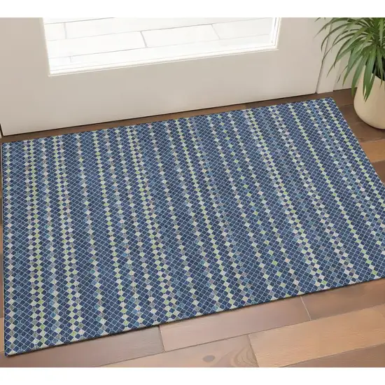 Navy Blue Gray And Silver Striped Washable Area Rug With UV Protection Photo 1