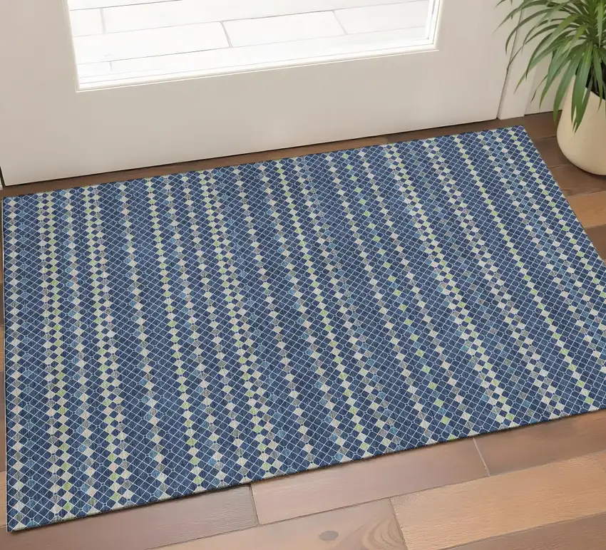 Navy Blue Gray And Silver Striped Washable Area Rug With UV Protection Photo 1