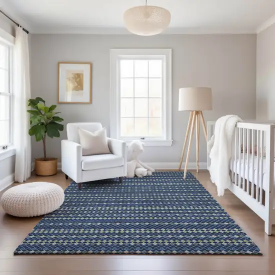 Navy Blue Gray And Silver Striped Washable Area Rug With UV Protection Photo 5