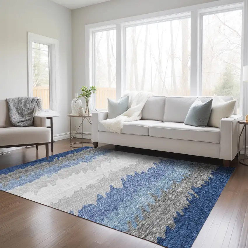 Navy Blue Gray And Silver Striped Washable Indoor Outdoor Area Rug Photo 7
