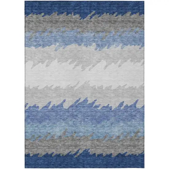 Navy Blue Gray And Silver Striped Washable Indoor Outdoor Area Rug Photo 2