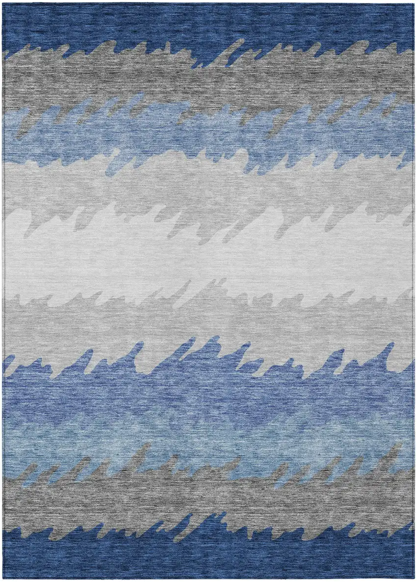 Navy Blue Gray And Silver Striped Washable Indoor Outdoor Area Rug Photo 2