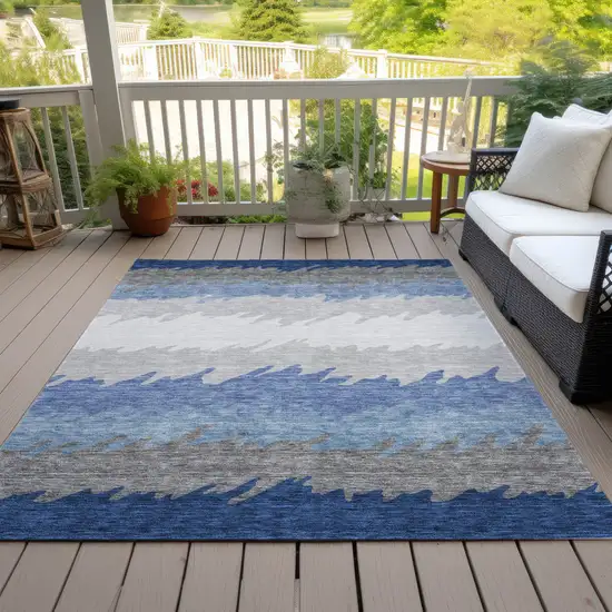 Navy Blue Gray And Silver Striped Washable Indoor Outdoor Area Rug Photo 5