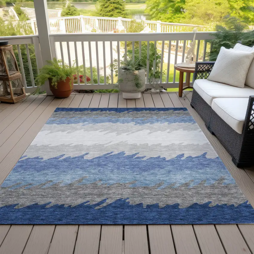 Navy Blue Gray And Silver Striped Washable Indoor Outdoor Area Rug Photo 5