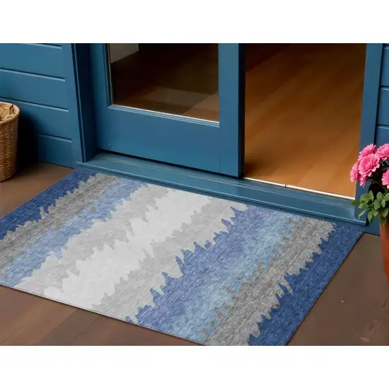 Navy Blue Gray And Silver Striped Washable Indoor Outdoor Area Rug Photo 1