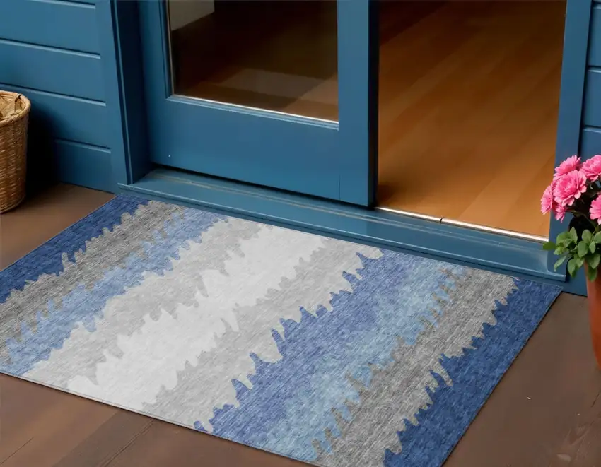 Navy Blue Gray And Silver Striped Washable Indoor Outdoor Area Rug Photo 1