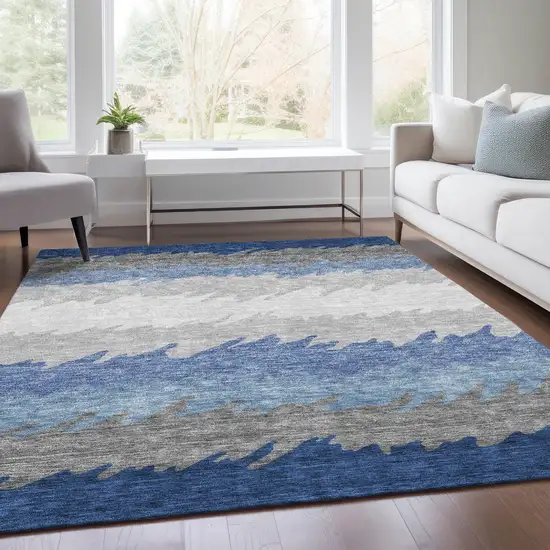 Navy Blue Gray And Silver Striped Washable Indoor Outdoor Area Rug Photo 6