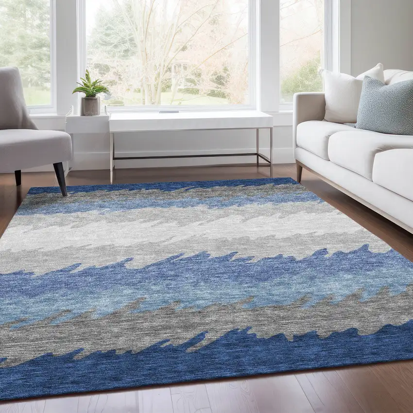 Navy Blue Gray And Silver Striped Washable Indoor Outdoor Area Rug Photo 6